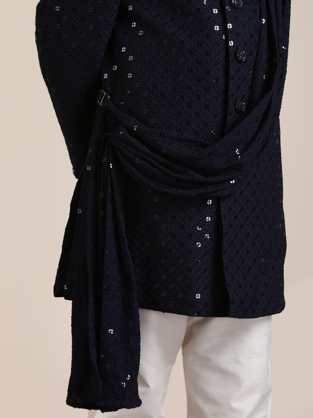 alt message - Manyavar Boys Boys Dark Blue Sequined Chikankari Indo Western Set image number 3